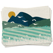 Load image into Gallery viewer, stack of 4 placemats on a white background table with a Mountains and fields design.Wholesale Over the fields Placemats (Set of Four) - Mustard and Gray Trade Homeware and Gifts - Made in Britain