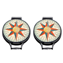 Load image into Gallery viewer, Set of two. vintage compass print with red and blue detail printed on a beige linen circular aga cover with black hemming. Pictured on metal aga lid on an isolated background. Mustard and Gray