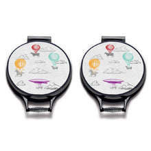 Load image into Gallery viewer, Set of two. Farm High Life cow, sheep, horse and pig sketch drawings with colourful hot air balloons print on a beige linen circular aga cover with black hemming. Pictured on metal aga lid on an isolated background. Mustard and Gray