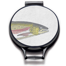 Load image into Gallery viewer, Painted illustration of a salmon fish with green and pink colouring print on a beige linen circular aga cover with black hemming. Fish head on one aga chef's pad. Pictured on metal aga lid on an isolated background. Mustard and Gray Severn Salmon Circular Hob Cover