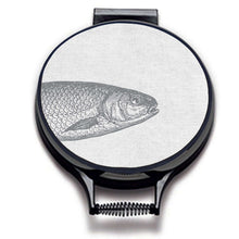 Load image into Gallery viewer, Grey fish illustration print on a beige linen circular aga cover with black hemming. Fish head on one aga hob cover. Pictured on metal aga lid on an isolated background. Mustard and Gray
