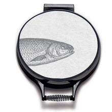 Load image into Gallery viewer, Grey fish illustration print on a beige linen circular aga cover with black hemming. Fish head on one aga hob cover. Pictured on metal aga lid on an isolated background. Mustard and Gray