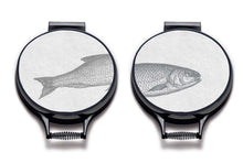Load image into Gallery viewer, Set of two Ticklerton Aga Chef's Pads. Grey fish illustration print on a beige linen circular aga cover with black hemming. Fish head on one aga chef's pad and fish tail of the other aga chef's pad. Pictured on metal aga lid on an isolated background. Mustard and Gray