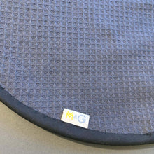 Load image into Gallery viewer, Grey Waffle cotton fabric on back of Aga Chef's Pad hob cover with M&G Tag for Mustard and Gray