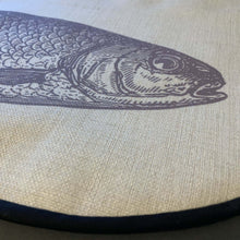 Load image into Gallery viewer, Close up of grey fish illustration printed onto nutral linen aga hob vover from Mustard and Gray