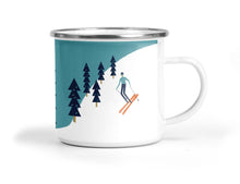 Load image into Gallery viewer, Wholesale The Mountains Are Calling Skiing Enamel Metal Tin Cup - Mustard and Gray Trade Homeware and Gifts - Made in Britain
