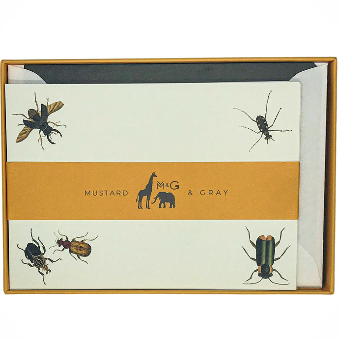 Wholesale Vintage Bugs Notecard Set with Lined Envelopes - Mustard and Gray Trade Homeware and Gifts - Made in Britain