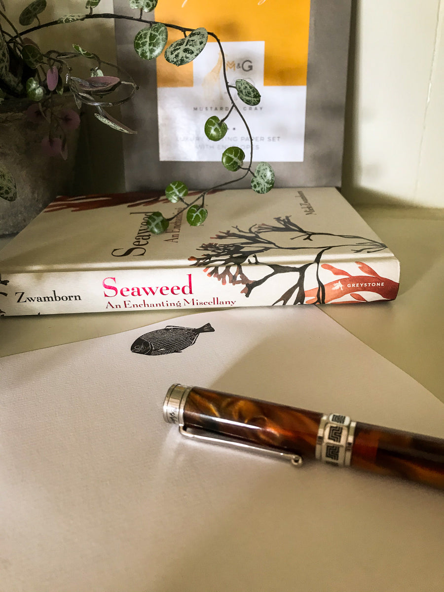 Mustard and Gray Lino Fish laid letter writing paper set wholesale with seaweed book and fountain pen