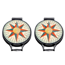 Load image into Gallery viewer, Set of two. vintage compass print with red and blue detail printed on a beige linen circular aga cover with black hemming. Pictured on metal aga lid on an isolated background. Mustard and Gray
