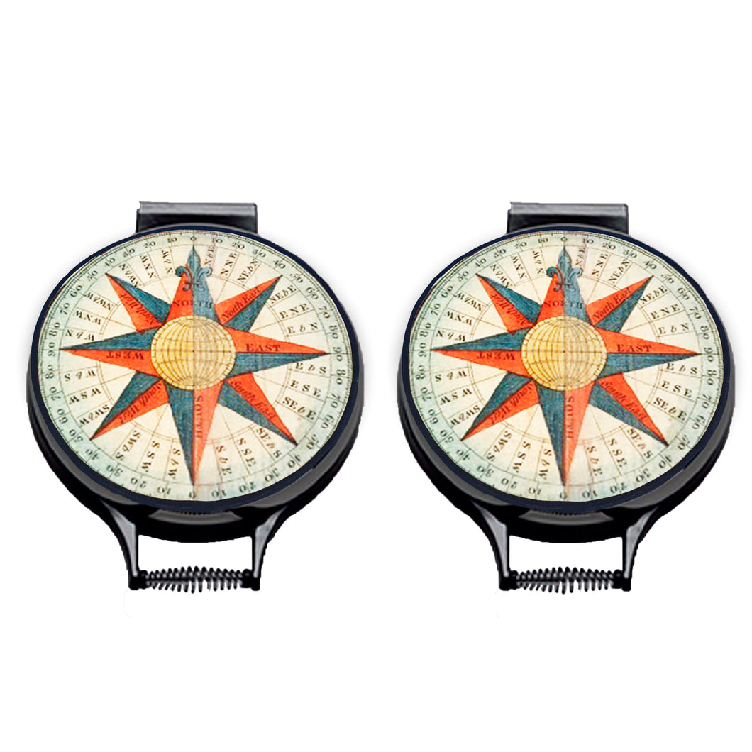 Set of two. vintage compass print with red and blue detail printed on a beige linen circular aga cover with black hemming. Pictured on metal aga lid on an isolated background. Mustard and Gray