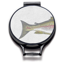 Load image into Gallery viewer,  painted illustration of a salmon fish with green and pink colouring print on a beige linen circular aga cover with black hemming. fish tail of the aga chef&#39;s pad. Pictured on metal aga lid on an isolated background. Mustard and Gray Severn Salmon Circular Hob Cover
