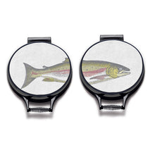 Load image into Gallery viewer, Set of two. painted illustration of a salmon fish with green and pink colouring print on a beige linen circular aga cover with black hemming. Fish head on one aga chef&#39;s pad and fish tail of the other aga chef&#39;s pad. Pictured on metal aga lid on an isolated background. Mustard and Gray Severn Salmon Circular Hob Cover
