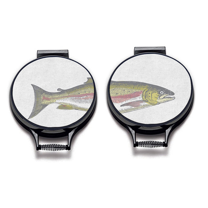 Set of two. painted illustration of a salmon fish with green and pink colouring print on a beige linen circular aga cover with black hemming. Fish head on one aga chef's pad and fish tail of the other aga chef's pad. Pictured on metal aga lid on an isolated background. Mustard and Gray Severn Salmon Circular Hob Cover