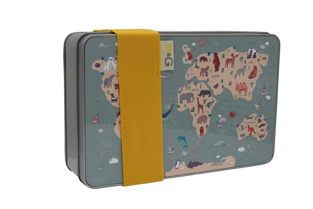 Wholesale Animal Map Lunch Tin - Mustard and Gray Trade Homeware and Gifts - Made in Britain