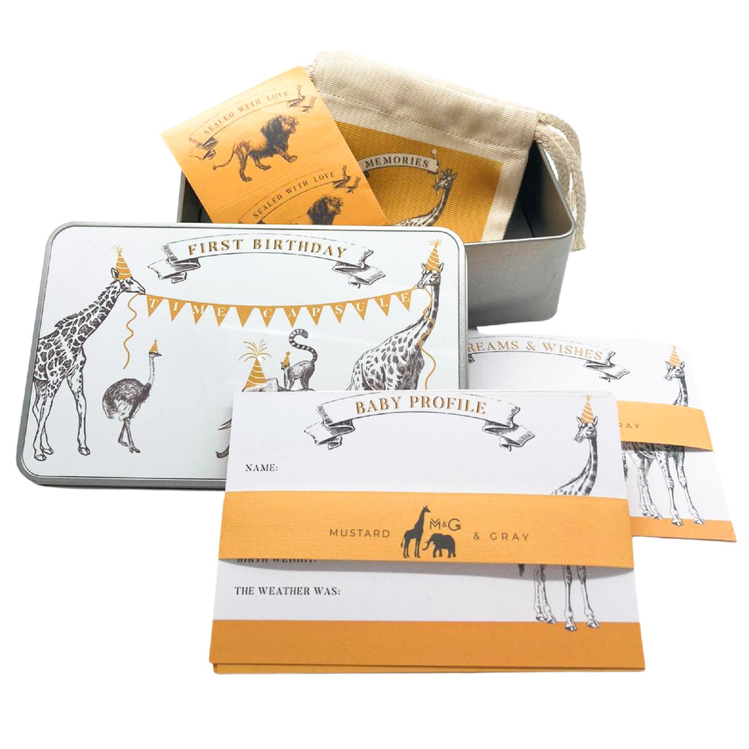 Wholesale Animal Parade First Birthday Time Capsule - Mustard and Gray Trade Homeware and Gifts - Made in Britain