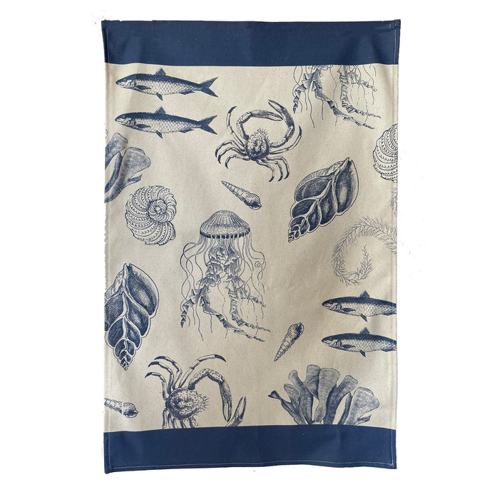 Wholesale Antiquarian Sea Life Tea Towel - Mustard and Gray Trade Homeware and Gifts - Made in Britain