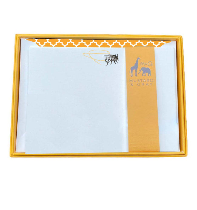 Wholesale Bee Swirl Notecard Set with Lined Envelopes - Mustard and Gray Trade Homeware and Gifts - Made in Britain
