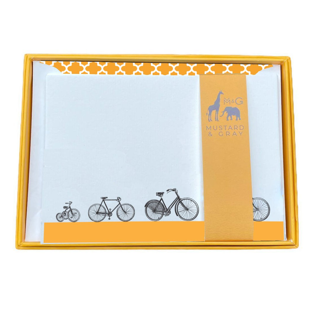 Wholesale Bicycle Trail Family Notecard Set with Lined Envelopes - Mustard and Gray Trade Homeware and Gifts - Made in Britain