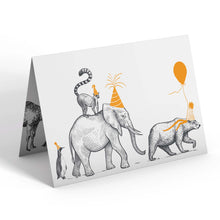 Load image into Gallery viewer, Wholesale Birthday Parade &quot;The Bear, the Elephant and the Penguin&quot; Birthday Card - Mustard and Gray Trade Homeware and Gifts - Made in Britain
