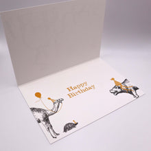 Load image into Gallery viewer, Wholesale Birthday Parade &quot;The Bear, the Elephant and the Penguin&quot; Birthday Card - Mustard and Gray Trade Homeware and Gifts - Made in Britain

