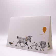 Load image into Gallery viewer, Wholesale Birthday Parade &quot;The Lion, the Zebra and the Hare&quot; Birthday Card - Mustard and Gray Trade Homeware and Gifts - Made in Britain
