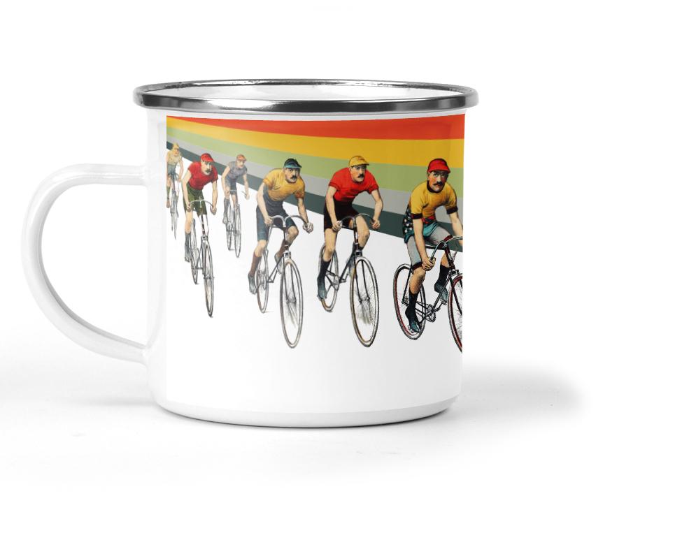 Wholesale Cameron Vintage Cycling Enamel Metal Tin Cup - Mustard and Gray Trade Homeware and Gifts - Made in Britain