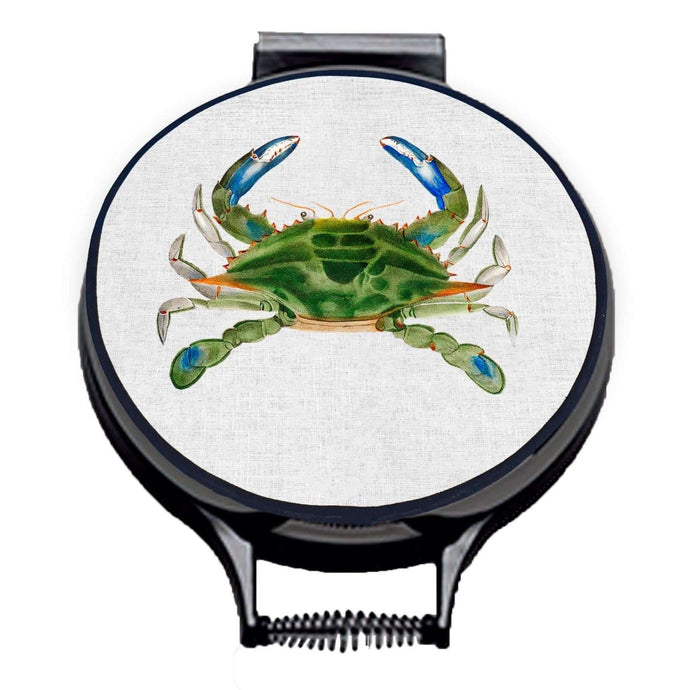 green crab watercolour painting on a beige linen circular aga cover with black hemming. Pictured on metal aga lid on an isolated background. Mustard and Gray