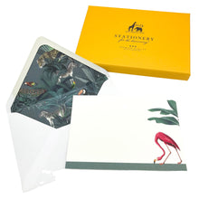 Load image into Gallery viewer, Wholesale Darwin&#39;s Menagerie &quot;Foraging Flamingo&quot; Notecard Set with Lined Envelopes - Mustard and Gray Trade Homeware and Gifts - Made in Britain
