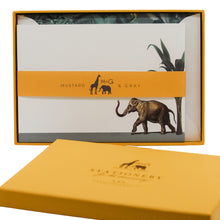 Load image into Gallery viewer, Wholesale Darwin&#39;s Menagerie &quot;Hasty Elephant&quot; Notecard Set with Lined Envelopes - Mustard and Gray Trade Homeware and Gifts - Made in Britain
