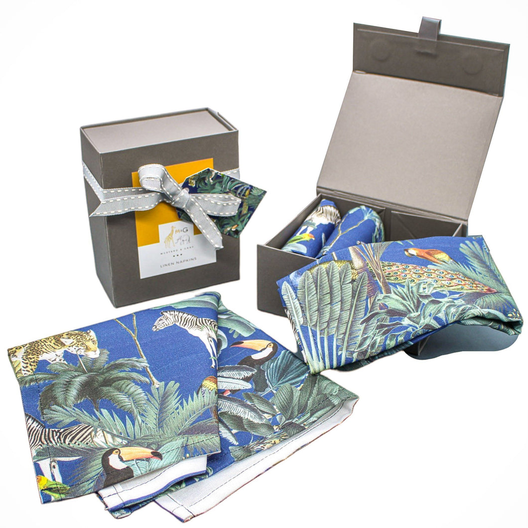 Wholesale Darwin's Menagerie Pattern Navy Napkins (Set of Four) - Mustard and Gray Trade Homeware and Gifts - Made in Britain