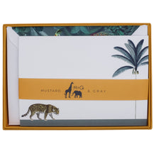 Load image into Gallery viewer, Wholesale Darwin&#39;s Menagerie &quot;Prowling Leopard&quot; Notecard Set with Lined Envelopes - Mustard and Gray Trade Homeware and Gifts - Made in Britain
