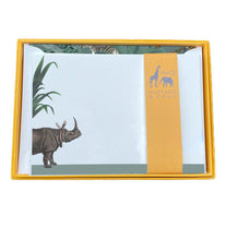 Load image into Gallery viewer, Wholesale Darwin&#39;s Menagerie &quot;Reluctant Rhino&quot; Notecard Set with Lined Envelopes - Mustard and Gray Trade Homeware and Gifts - Made in Britain
