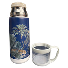 Load image into Gallery viewer, Wholesale Darwin&#39;s Menagerie Scene Navy Vintage Style Flask - Mustard and Gray Trade Homeware and Gifts - Made in Britain
