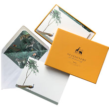Load image into Gallery viewer, Wholesale Darwin&#39;s Menagerie &quot;Strutting Peacock&quot; Notecard Set with Lined Envelopes - Mustard and Gray Trade Homeware and Gifts - Made in Britain
