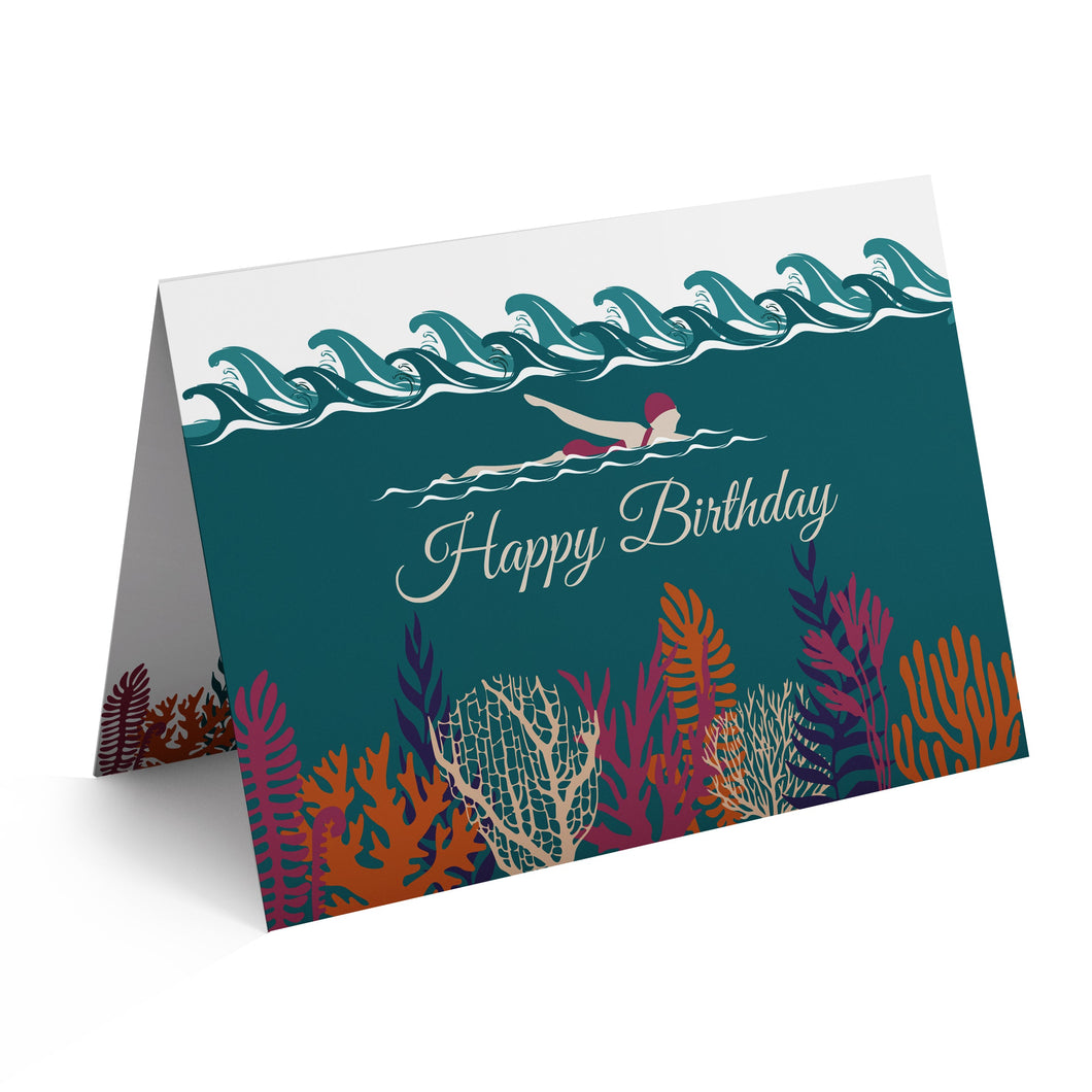 Wholesale Deep Blue Sea Wild Swimming Happy Birthday Card - Mustard and Gray Trade Homeware and Gifts - Made in Britain