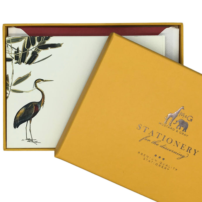 Wholesale Heron Notecard Set with Lined Envelopes - Mustard and Gray Trade Homeware and Gifts - Made in Britain