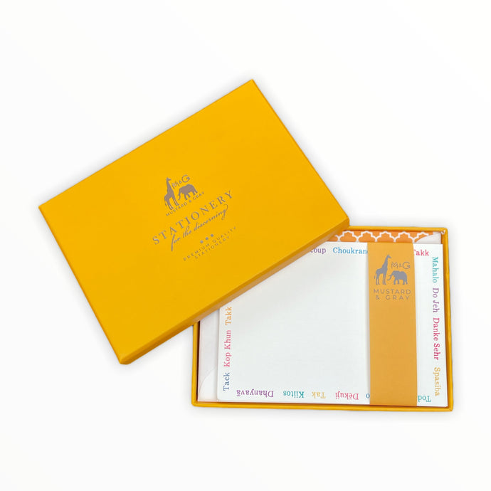 Wholesale Languages Thank You Notecard Set with Lined Envelopes - Mustard and Gray Trade Homeware and Gifts - Made in Britain