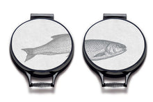 Load image into Gallery viewer, Set of two Ticklerton Aga Chef&#39;s Pads. Grey fish illustration print on a beige linen circular aga cover with black hemming. Fish head on one aga chef&#39;s pad and fish tail of the other aga chef&#39;s pad. Pictured on metal aga lid on an isolated background. Mustard and Gray
