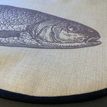 Load image into Gallery viewer, Close up of grey fish illustration printed onto nutral linen aga hob vover from Mustard and Gray
