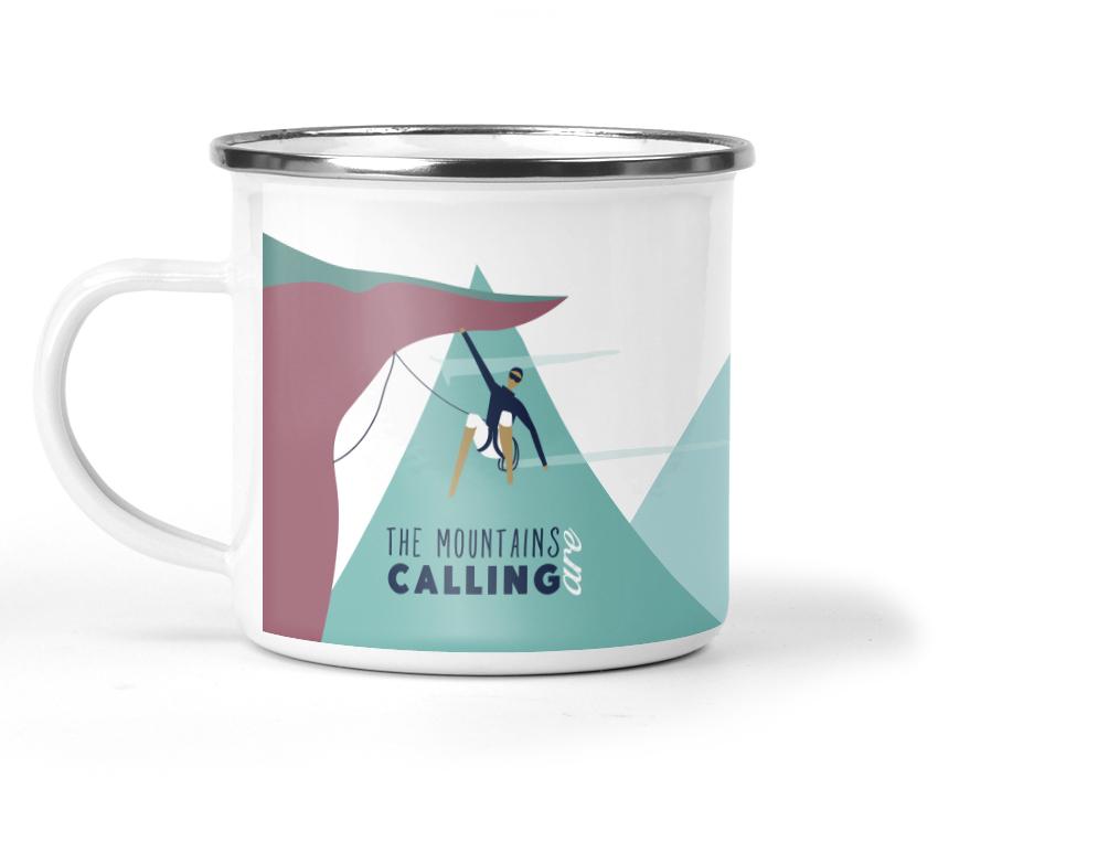 Wholesale The Mountains Are Calling Climbing Enamel Metal Tin Cup - Mustard and Gray Trade Homeware and Gifts - Made in Britain