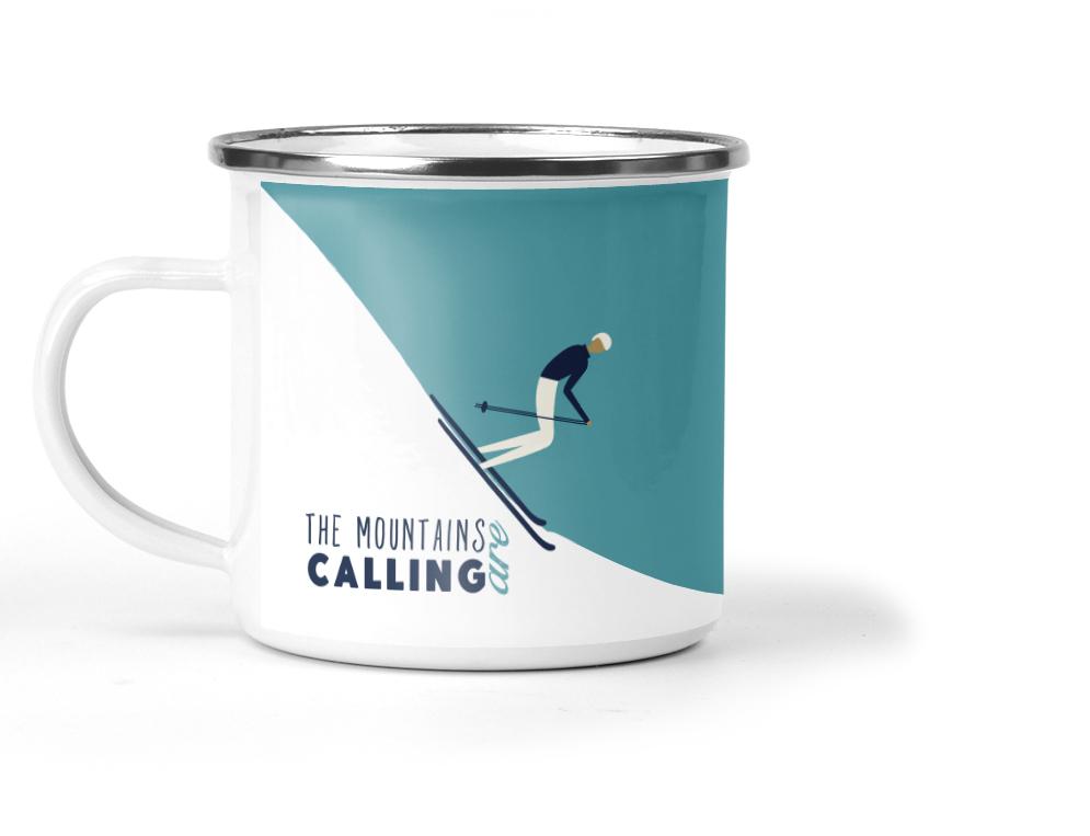 Wholesale The Mountains Are Calling Skiing Enamel Metal Tin Cup - Mustard and Gray Trade Homeware and Gifts - Made in Britain