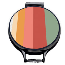 Load image into Gallery viewer, Set of two hob covers. circular aga cover with black hemming. Stripes of Green, red, Pink and orange on one aga chef&#39;s padPictured on metal aga lid on an isolated background. Mustard and Gray
