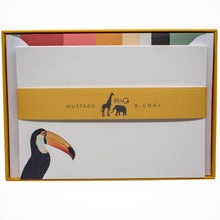 Load image into Gallery viewer, Wholesale Toco Toucan Notecard Set with Lined Envelopes - Mustard and Gray Trade Homeware and Gifts - Made in Britain
