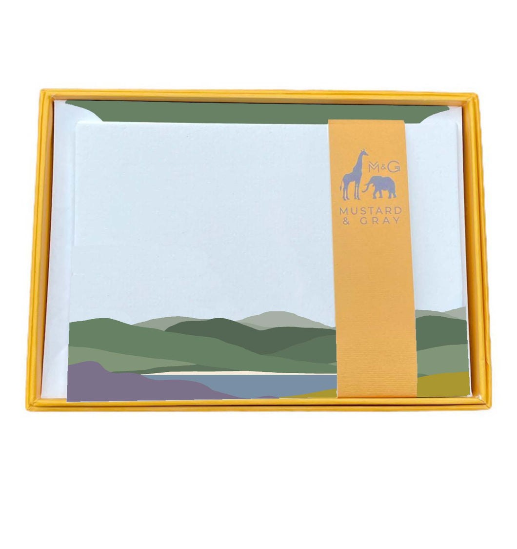 Wholesale Welsh Hills Heather & Gorse Notecard Set with Lined Envelopes - Mustard and Gray Trade Homeware and Gifts - Made in Britain