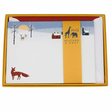 Load image into Gallery viewer, Wholesale Winter Fox Notecard Set with Lined Envelopes - Mustard and Gray Trade Homeware and Gifts - Made in Britain
